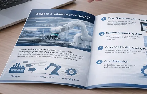 ロボットの解説が載るパンフレットを机上で開いた状態