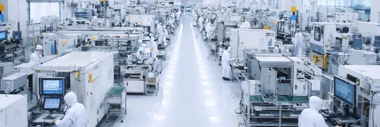 白衣の作業員が並ぶクリーンルーム工場の生産ライン全景