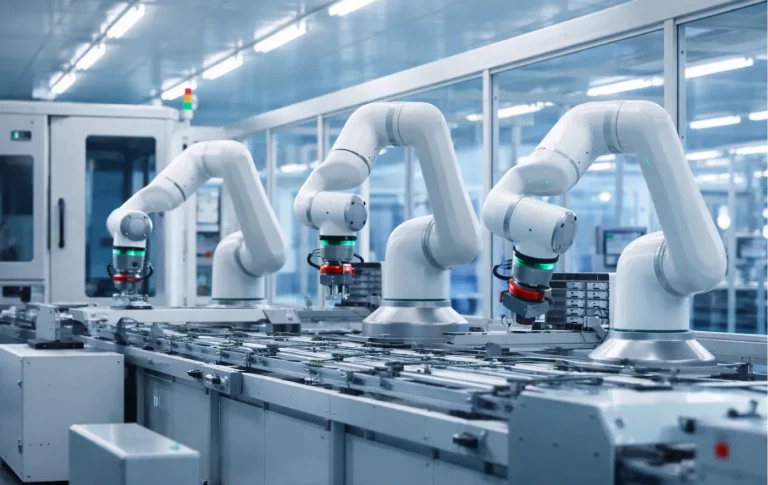 ロボットアームが並ぶラインの工場