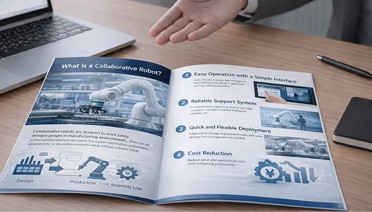 協働ロボットの導入資料を用いて低コストや操作性を説明する、製造業向け営業プレゼンの様子