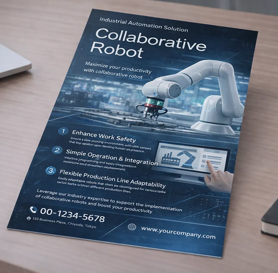 生産性向上や安全性を訴求する青を基調としたデザインの、製造業向け協働ロボットのチラシ制作事例