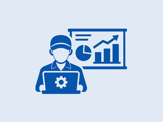 メーカー技術営業がPCを開いて資料を作っているイラスト